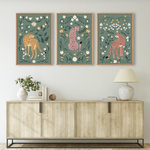 Image of KAIRNE Sage Green Cheetah Framed Canvas Wall Art Set,Boho Leopard Floral Wall Decor,Abstract Animal Wildflower Art Prints,Modern Botanical Artwork for Living Room,Bedroom,Farmhouse,Office-24 x36 x3