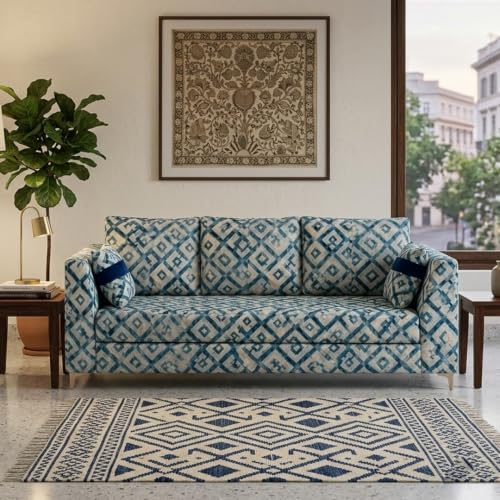 Image of FURNY Signature Cresta 3 Seater Sofa Set | Tapestry Fabric | 40D Foam + Zigzag Spring | 3-Yr Warranty (Lagoon Mosaic Blue) | Modern Living Luxury Sofa Set for Home, Office & Hotel Spaces