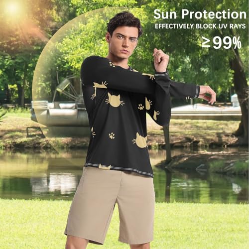 Cute Gold Cats Silhouette UPF 50+ Sun Shirts for Men, Rash Guard Long Sleeve, Lightweight, Quick Drying, Elasticity, with Water Fishing4