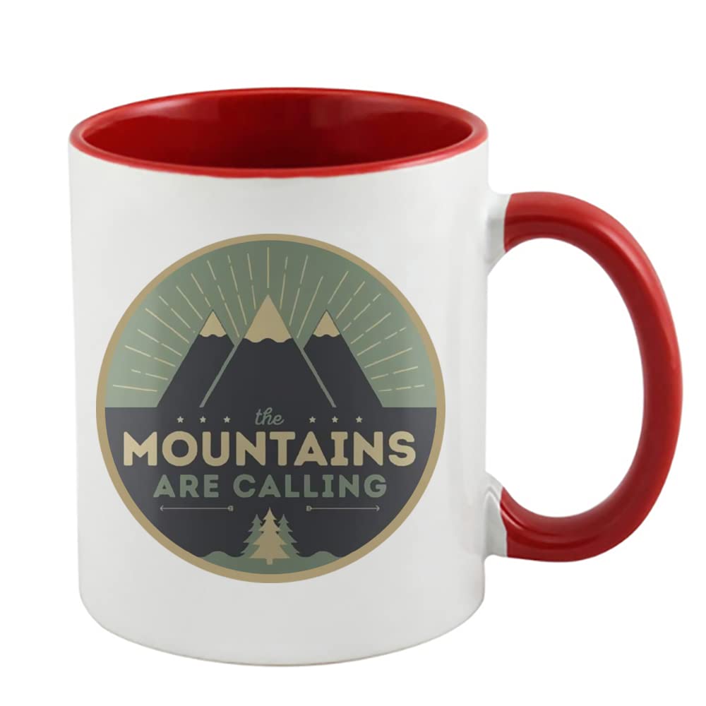 Mountain, Camping, The Mountains are Calling, Adventure Gift for Hiker, Coffee, Tea Mug 11oz Inside Coloured Ceramic Mug (Red)