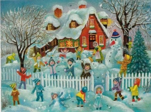 Mini Advent Christmas Cards 105 x 155 mm blank with envelope Snowscene Children Playing in the Snow - 40094 - traditional German Design