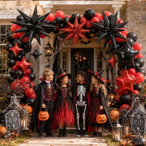 Image of Star Balloons Halloween Balloon Black Red Explosion Stars Balloon | 22 /18 /10 In Metallic Red Black Spike Stars Foil Balloon for Vampire Casino Happy New Year Eve Birthday Party Decor