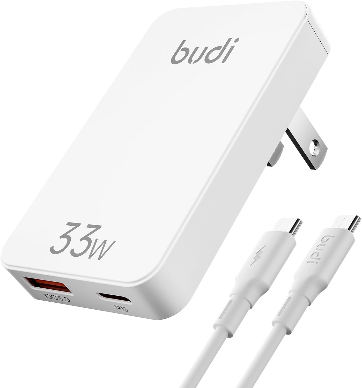 BUDI 33W Extra Slim Portable Wall Charger 2-Port Wall Charger Convenient Travel Accessories Compatible with MacBook and IPad iPhone Samsung Galaxy USB C Laptop Switch, Etc. (33W iPhone Set)