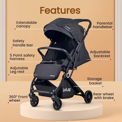 Image of LuvLap Elite Baby Stroller, Pram for 0 to 3 Years with 5 Point Safety Harness, Large Storage Basket, Easy Fold, Extendable Canopy with Looking Window, Multilevel Recline & Adjustable footrest