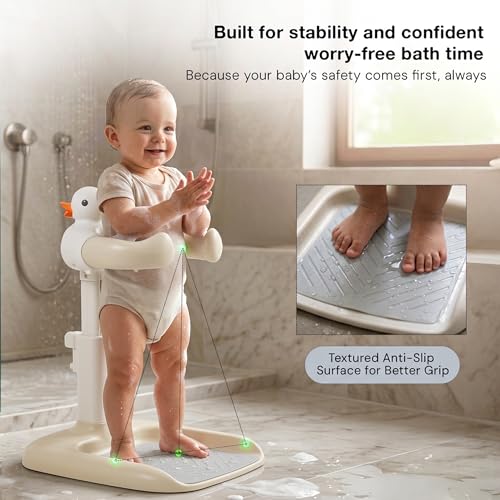 Image of BAYBEE Shower Bath Stand for Baby for 0 - 3 Years for Kids | Duck Design Baby Standing Bath Stand with Adjustable Height & Width | Portable Kids Bathstand with Shower Holder & Anti-Slip Base (Beige)