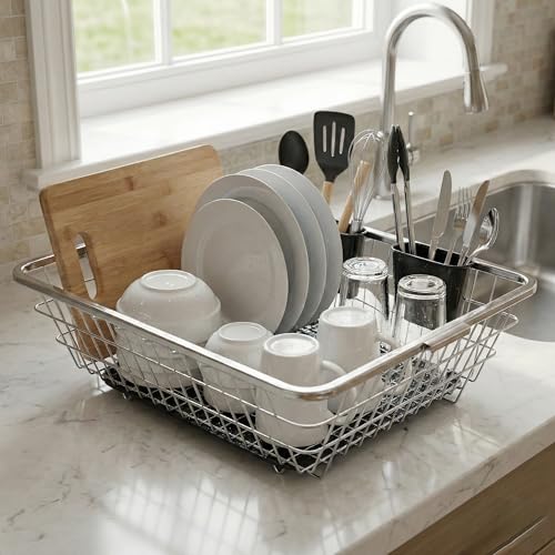 Image of BIRDWING Heavy Duty Stainless Steel Utensil Drying Stand - Extra Large Kitchen Dish Rack with Water Drain Tray, Countertop Plate Bowl Organizer Basket,60x47x23 Cm