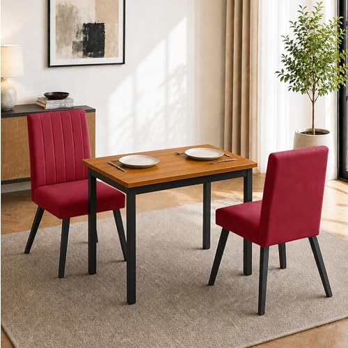 Image of Rosebell Set of 2 Dining Table Chairs with Wooden Top Table, Upholstered Cushioned Chairs, Modern Compact Dining Set for Home, Kitchen & Dining Room (Red)