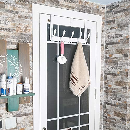 SKOLOO Over The Door Hook Coat Rack - 5 Hooks, Sturdy Metal Coat Hook Door Hanger, Over Door Hook for Hanging Clothes/Coat/Towel/Robes/Purse, White