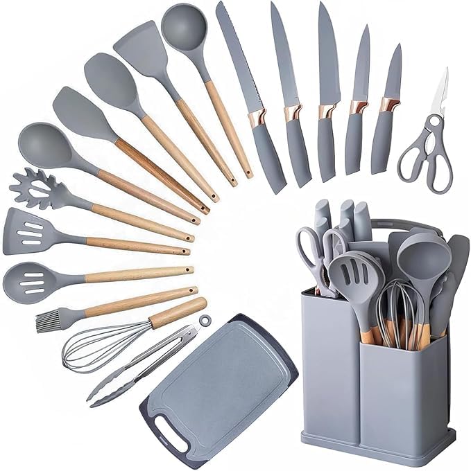 – 19-Piece Kitchen Cooking Utensil Set with Heat-Resistant Silicone Tools, 6 Sharp Knives & 2 Cutting Boards | Durable Non-Scratch Silicone Spatulas with Wooden Handles | Complete Cookware Accessory Set