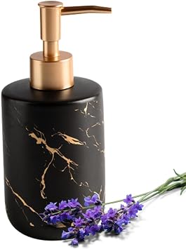 Ceramic liquid soap dispenser for bathroom, 10 oz luxurious hand soap dispenser for bathroom, black marble look soap dispenser, soap dispenser for kitchen, soap dispenser pump bottle...