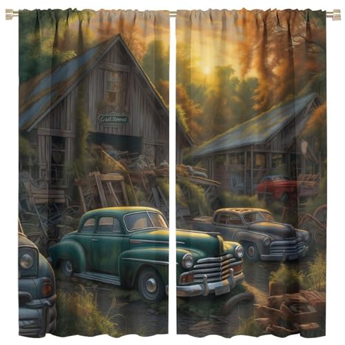 LOMADIA Vintage Car Decor Curtain, Cartoon Rustic Antique Old Car Retro Barn Farm Window Treatments...