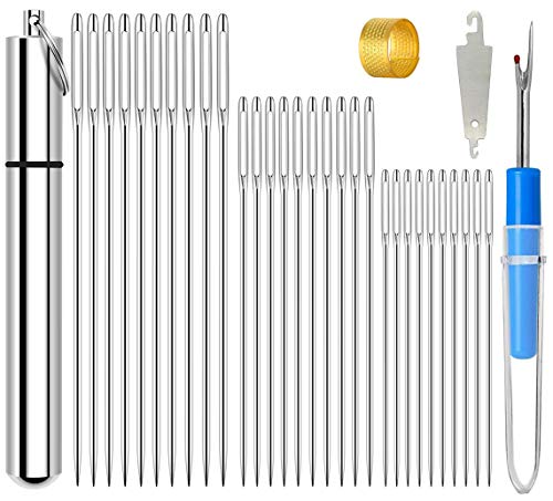 30 Pack Sewing Needles Kit, Kyue Large Eye Embroidery Needle with 3 Sizes with Threader, Thimble, Thread Folder and Storage Tube Yarn Knitting Needles for Hand DIY Crafts Projects
