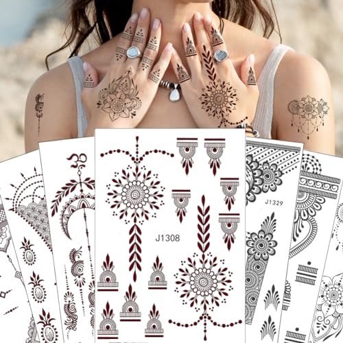 XMASIR 12 Feuilles Tatouage Temporaire pour Femme Filles, Faux Tatouage Ephemere Mandala Fleur Tatouage Autocollant Indienne taouages pour Mariage Main Art