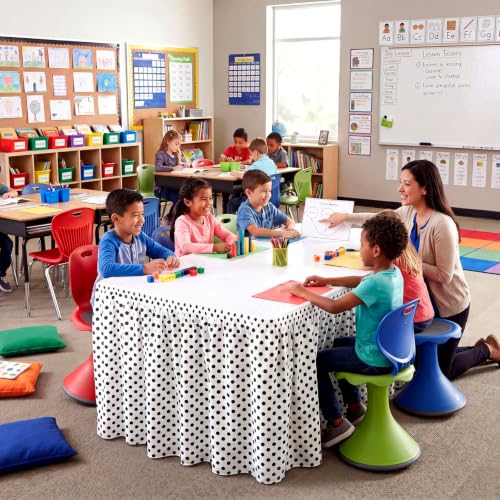 Image of Oudain 14 ft Black and White Polka Dots Table Skirt Cloths for Teacher Desk Boho Wrinkle Polka Dots White Table Cover Skirt for Kindergarten Classroom Kidney Shaped Desk Back to School Supplies