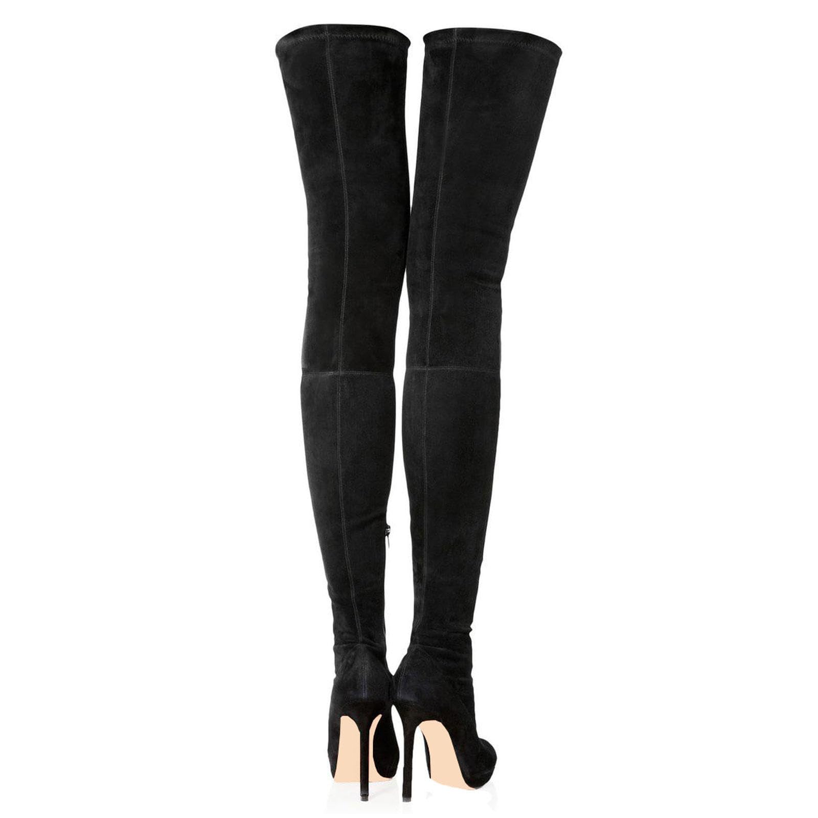 Talons Hauts Bottes Extensibles Au Dessus Du Genou Femmes Bottes Hautes Daim Talons Aiguilles Chaussures Soirée Escarpins 12cm,Black-46