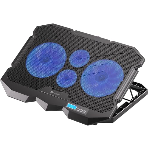 Image of Bonkaso Laptop Cooling Pad for Up to 17 Inch Laptops, 4 High-Speed Blue LED Fans, 1900 RPM, Smart LCD Display, 8-Level Adjustable Stand, Dual USB Ports, Iron Mesh, 21 dBA, Black