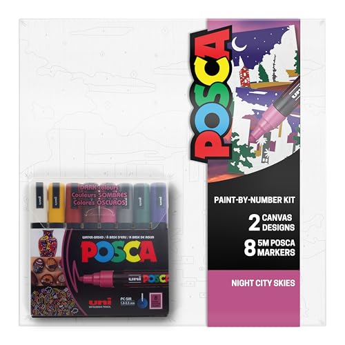 Image of POSCA Canvas Paint by Number Kit, Night City Skies - 8 Acrylic Markers with 2 Pre-Drawn Canvases - Gift Set for Artists, Adults and Kids