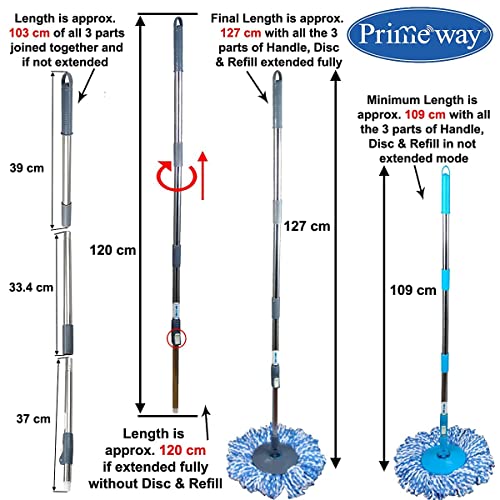 Image of Primeway SS Spin Floor Mop 127cm Length Extendable Handle Stick Rod | Replacement Set | Handle + Disc + 130g Refill | Grey