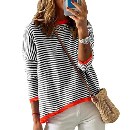 Image of Wowcarbazole Women's Pullover Sweaters Striped Long Sleeve Crew Neck Color Block Sweater Tops Casual Loose Knit Shirts