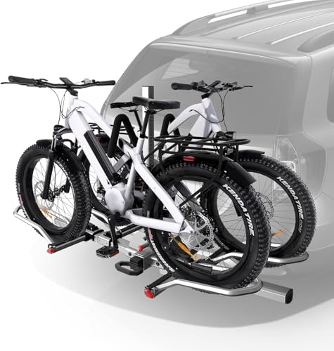 Image of KYX Car Bike Rack 160lbs Max Load, Tow Hitch Bike Racks for E-Bike, 5 inch Fat Tire Bike, Folds Up Compactly, Tiltable Down, Double Anti-Swag System Bicycle Car Racks 2 inch Receiver for SUV, Truck, RV