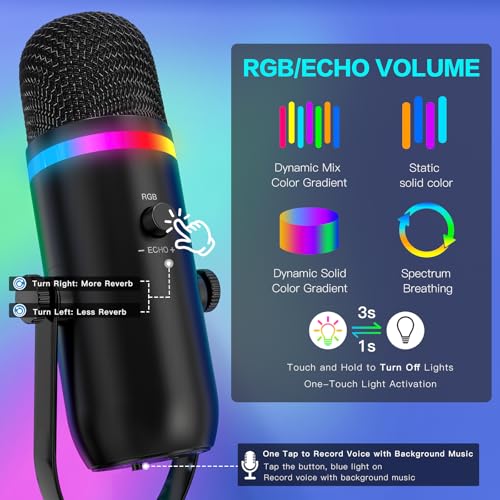 Image of zealsound Gaming Condenser Microphone for Streaming & Recording, USB Podcast Mic with RGB Lights, Mute & Gain, Monitoring, Boom Arm & Pop Filter, Studio Mic for PC, Mac, iPhone, YouTube, TikTok