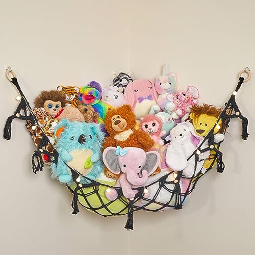 Image of Lilly's Love Stuffed Animal Storage Macrame Hammock w /String Lights, Large - Boho Room Decor Toy Storage - Corner Hanging Plushie Stuffed Animal Net Organizer (Black)