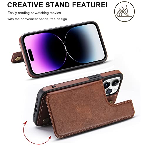 Hemduty for iPhone 14 Pro Wallet Case with Card Holder, Luxury Leather Kickstand Card Slots Case, Double Magnetic Clasp Shockproof Cover 2022 6.1 Inch (Brown)