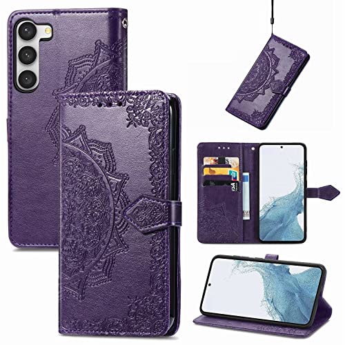SCRENDY Coque pour Samsung Galaxy S23, Retro Motif Mandala Coque PU Cuir Antichoc Étui de Protection, Pochette Housse Portable Magnétique Flip Portefeuille Case, Violet Cover