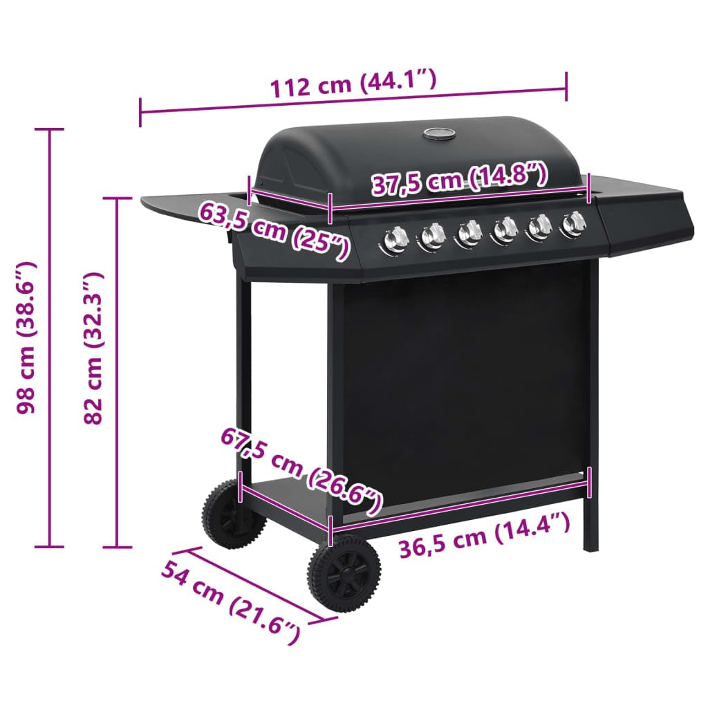 Barbecue a gas con 6 fuochi, potenza 12 kW, carrello con termometro, ripiani laterali e vassoio raccogli grasso, nero