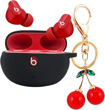 Case for Beats Studio Buds/Buds+ 2021/2023, Silicone Beats Studio Buds Case Cover Beats Studio Earbuds Protective with Cute Cherry Keychain for Women/Girls Black