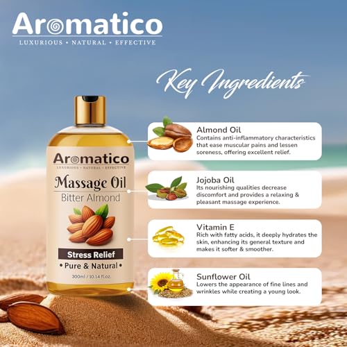 Image of AROMATICO Almond Massage Oil. Hydrates & nourishes skin, soothes irritation, improves texture & promotes relaxation - 300ml. Rich in vitamins & essential fatty acids, enhances circulation.