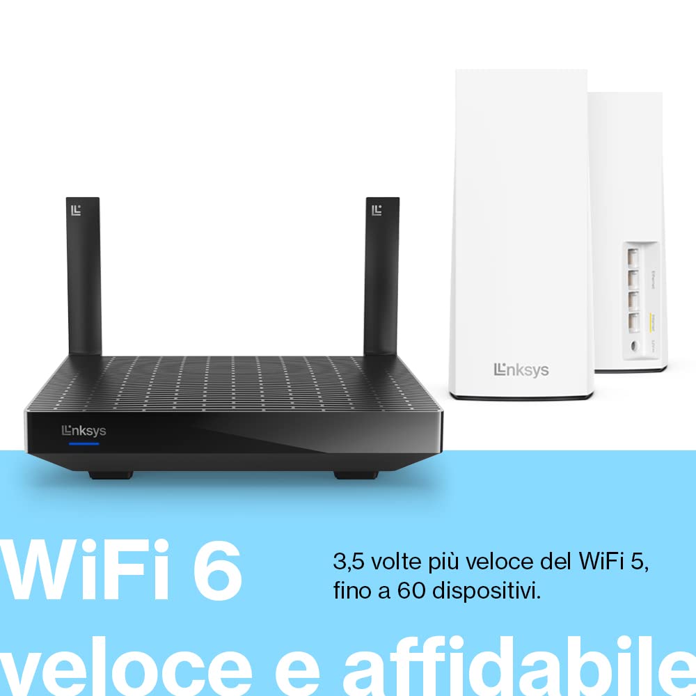 Linksys Blue Label Sistema WiFi 6 Mesh, 1 Router AX5400, 2 Nodi AX5400, per Gaming Online, 60 Dispositivi, fino a 750 m², Copertura, Filtri Famiglia Tramite l'App Linksys