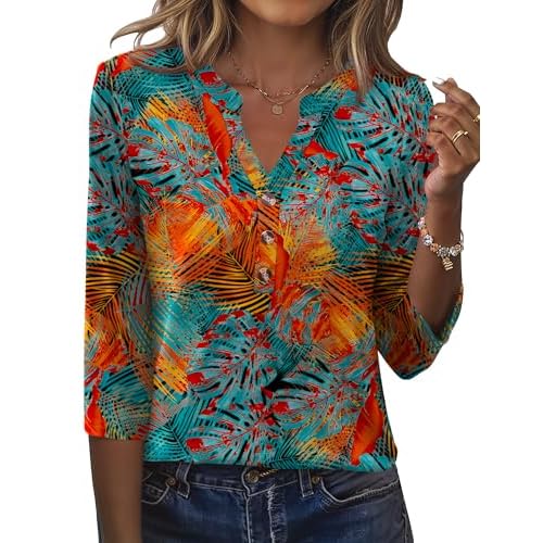 Rapbin Women's Tops V Neck 3/4 Sleeve Button Down Business Casual Blouses Fall Tunics Shirts Blue Gold Print X-Large