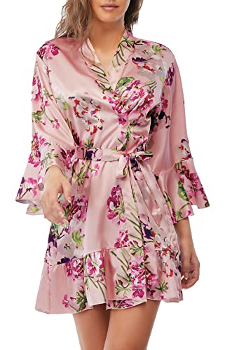 Escalier Women's Silk Robe Kimono Bridesmaid Robes With Ruffle Hem V-Neck Floral Short Satin Wedding Bridal Party Robe,Pink Floral Xl. #TOP2
