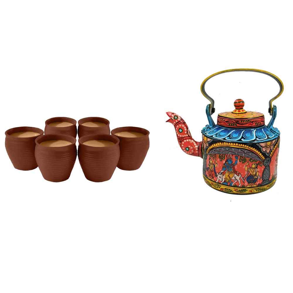 Pattachitra Hand Painted Aluminium Kettle Teapot Set of 7 pcs(Pack Contents- 1 Kettle, 6 Clay Kulhad) from Odisha (Kettlepck153)