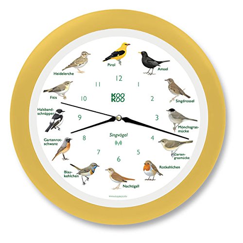 KOOKOO Singvögel RC Creme Jaune, Horloge des Oiseaux, Un Pendule Murale avec 12 Oiseaux indigènes et enregistrements de la Nature, Horloge avec senseur de...