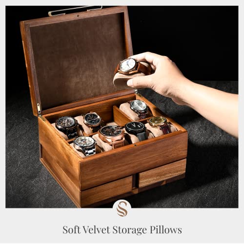Shanik Luxury Large Watch Box Organizer For Men With 8 Divided Slots, Soft Velvet Pillows, And Pull-Out Drawers For Wallet, Cufflinks, And Accessories, With Engraving #TOP2