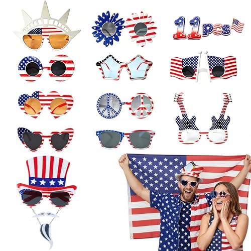 LIONO 11 Pack 4th of July Sunglasses, 250th Anniversary Patriotic USA Glasses, American Flag Sunglasses Red White Blue, Independence Day Memorial Day Party Favors for BBQ, Parade, Photo Booth Props