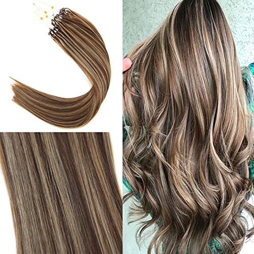 Youngsee 14inch Remy Human Hair Micro Loop Real Hair Extensions Dark Brown Mixed with Caramel Blonde Silk Straight Micro Ring Loop Human Hair Extensions 1g/Strand 50gram/pack
