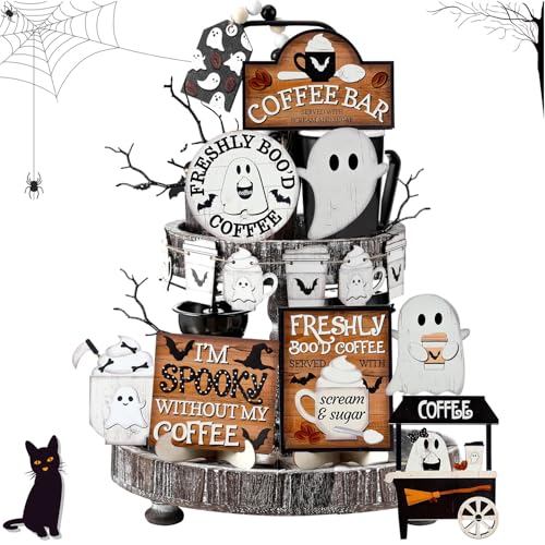 15 Pcs Halloween Tiered Tray Decor Cute Ghost Tray Decorations Halloween Wooden Signs Tiered Tray Decor Bead Garland Farmhouse Rustic Decorations for Home Table Party Supplies