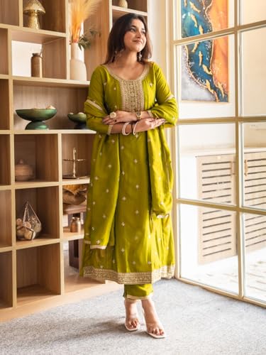 Image of VredeVogel Women's Silk Blend Embroidered Anarkali Kurta with Pant & Dupatta Set | Festive & Casual Women Ethnic Kurta Set for Women