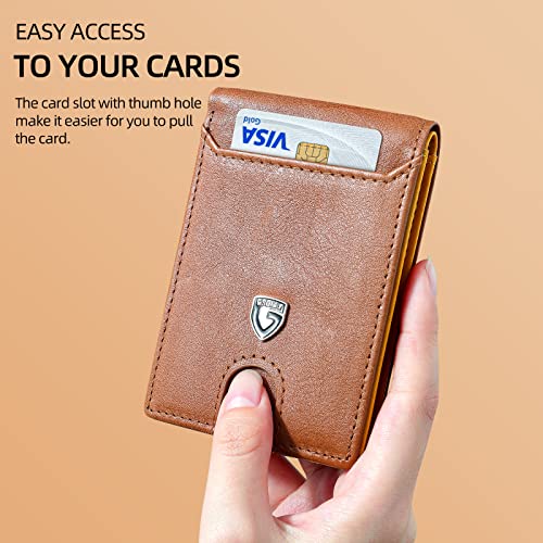 Image of GSOIAX Mens Slim Wallet RFID Blocking Bifold wallets for men Minimalist Genuine Leather Carbon Fiber Card Holder Money Clip Thin Mens with Gift Box (Brown and Yellow)