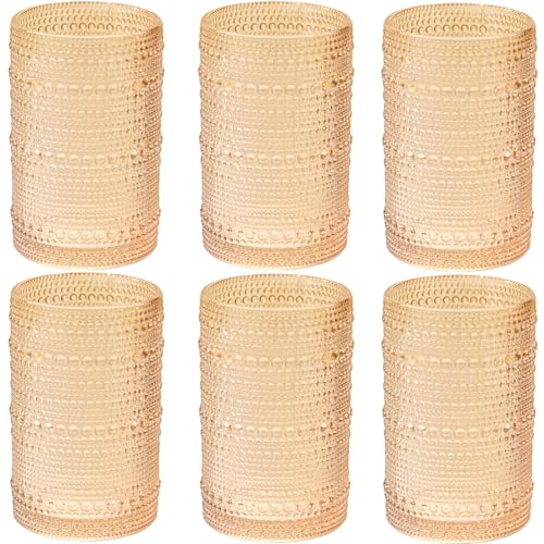 XKXKKE Amber Hobnail Beaded Drinking Glasses Set of 6, 15 oz Vintage Glassware Set Romantic Water Glasses Tumbler, Water Cups, Clear Embossed Glassware Set for Beer, Juice, Cocktail, Soda, Beverages