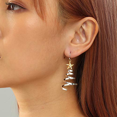 Handmade Christmas Tree Dangle Hoop Earrings Golden Silver Two Tone Women Holiday Gift, Thanksgiving Themed Earrings, Christmas Party Gift4