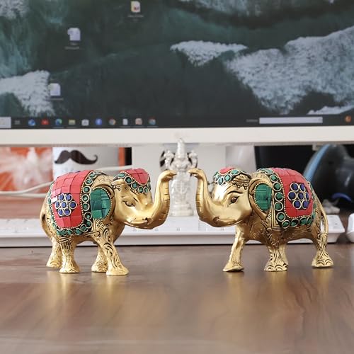 Image of KridayKraft Metal Elephant Statue Medium Size with Stone Work 2 pcs Set for Showpiece Enhance Your Home,Office & Table Decorative,Animal Showpiece Figurines,Gift Article..., Multicolor