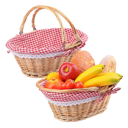 Geytetqi 2 Pack 12.6 Inch Natural Wicker Basket with Checkered Lining, Oval Wicker Woven Basket with Handle, Willow Woven Picnic Baskets for Picnic, Camping, Party(Small)