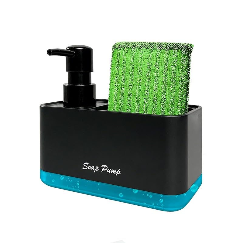 Dispensador Jabon Cocina y 1 Estropajo Antirayaduras | 2 en 1 | 440 ml | Jabonera Cocina con Uso de Una Mano y Organizador de Fregadero para tú Encimera de Cocina | Negro