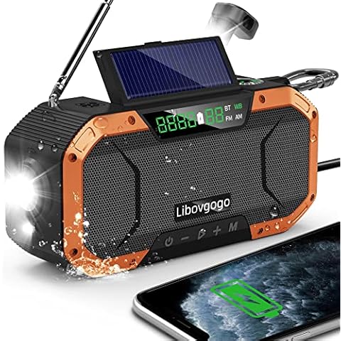 Emergency Radio Waterproof Bluetooth Speaker,Portable Digital AM FM Radio with Flashlight,Reading Lamp,Hand Crank NOAA Weather Radio with Solar Panel,5000mAH Cell Phone Charger,Emergency Survival Kit Cover
