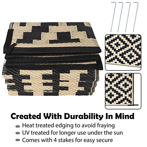 SAND MINE Reversible Mats, Plastic Straw Rug, Modern Area Rug, Large Floor Mat and Rug for Outdoors, RV, Patio, Backyard, Deck, Picnic, Beach, Trailer, Camping, Black & Beige, 6' x 9' - Thumbnail 3