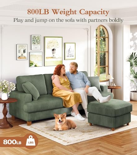 Image of Kidirect 87in L Shaped Couch, Modular Sofa No Tool Assembly, Comfy Sectional Couches for Living Room 21 inch Deeper Seats, Corduroy Sofas for Living Room &2 Pillows, Loveseat Sofa Set, Oliver Green Couch